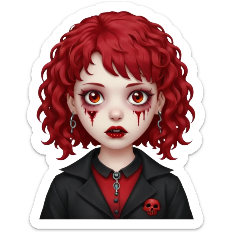 zombie girl red hair cacheado médio e franja, com piercing na boca(labret lateral), roupa gótica  sticker