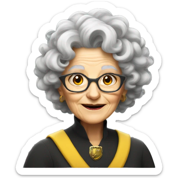 older woman with white skin, grey curly and wild hair, a magic hat, hufflepuff sticker