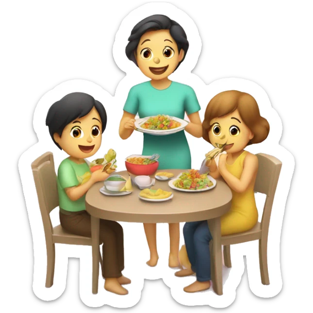 A baby in the kids chair and his mom and dad are eating helsi food  by the table  sticker