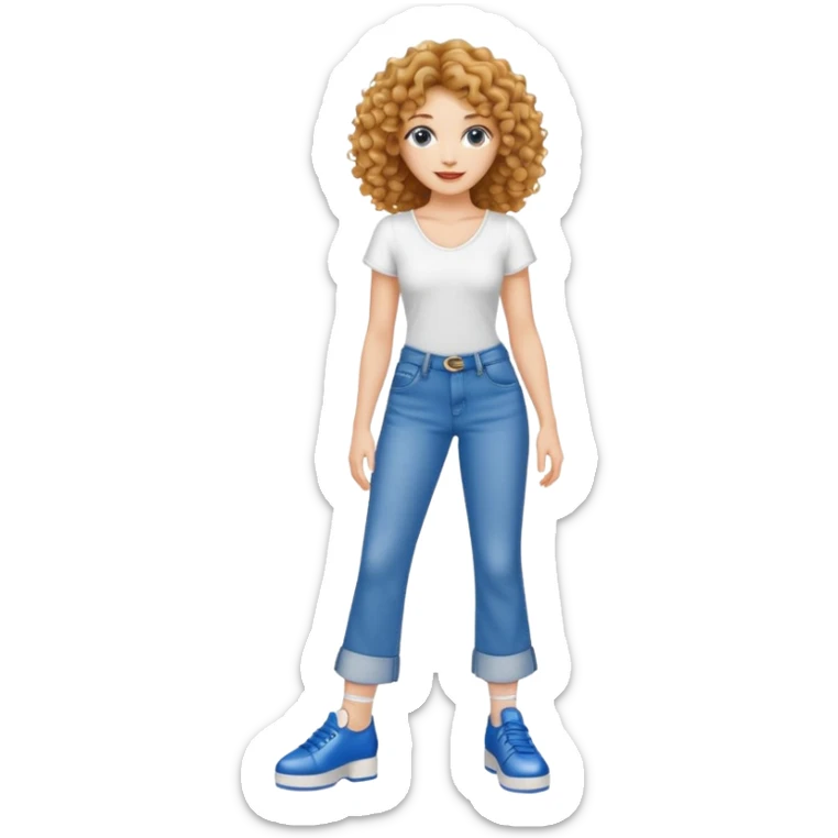 Meuf Cleane tête fine très très très belle cheveux bouclé haut blancs et jean bleu large avec des samba  sticker