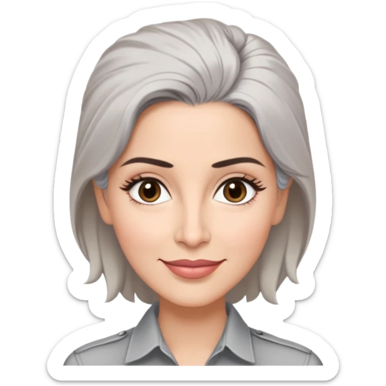 Puerto Rican actress Marian Pabón with elongated face, light pinkish skin, almond-shaped expressive eyes, straight nose, well-defined lips with wide smile, arched eyebrows, pronounced cheekbones, short spiky gray hair like a man's cut, wearing a white buttoned shirt sticker