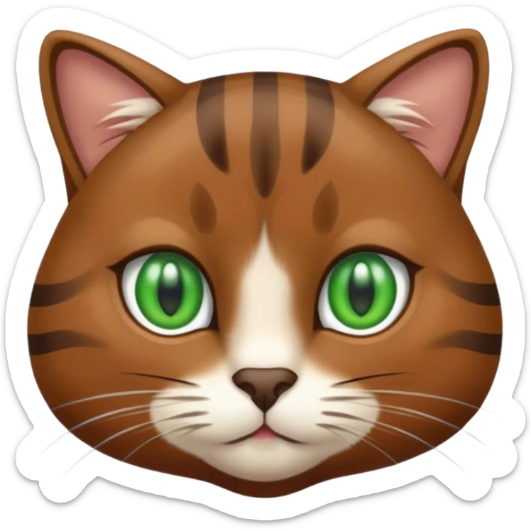a brown cat with a white chin and white cheeks but striped and green eyes much fur and darker brown sticker