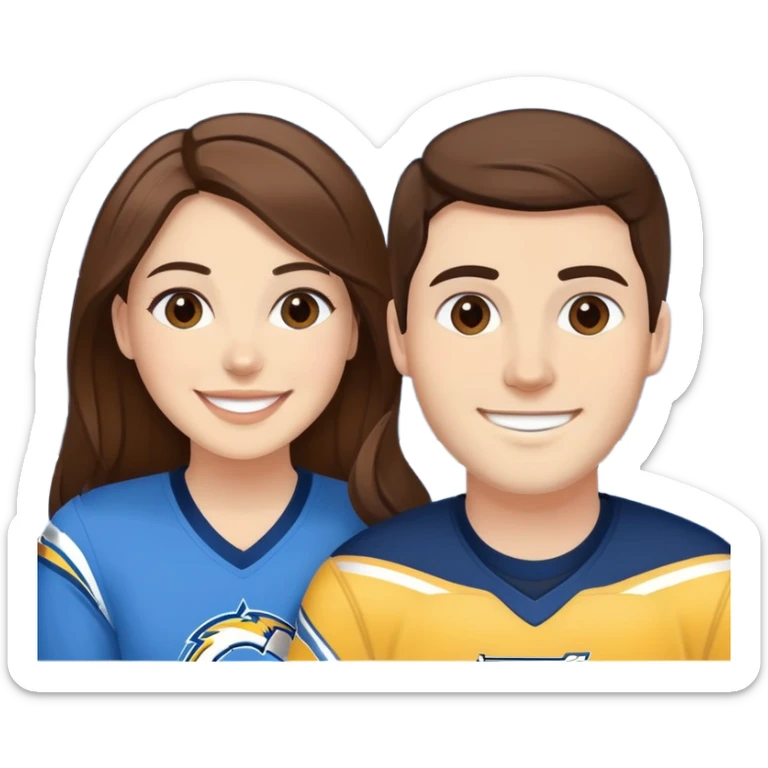 smiling at chargers game brunette hair but white skin. They are girlfriend and boyfriend. Not sibling.  sticker