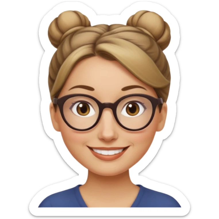 femme de 38 ans avec des cheveux tirés vers l'arrière blond foncé sans mèche devant, un chignon haut, yeux bruns, lunettes rondes, visage ovale sticker
