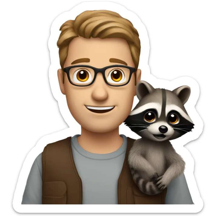 White Man with brown hair and with glasses holding raccoon sticker