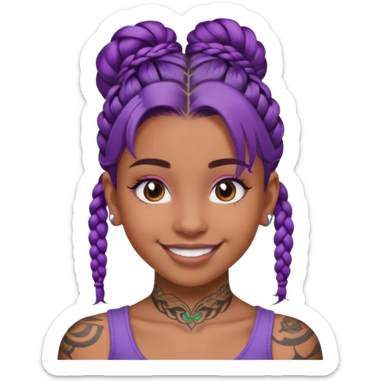 Con gái, 15 tuổi, cười mỉm, da nâu, tóc tím tết tóc cuốn lọn trên đầu, xăm trên mặt sticker