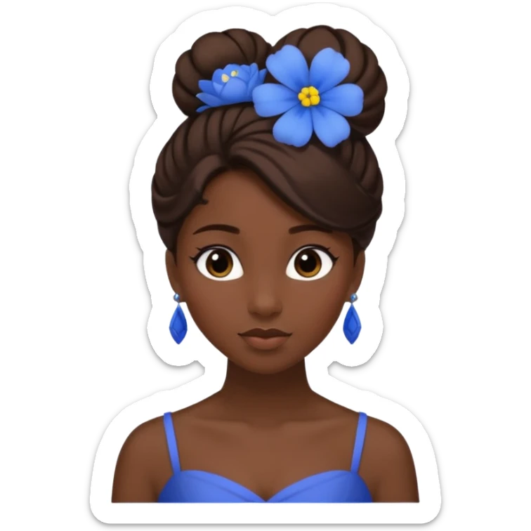 tạo cho tôi emoji tạo hình của công chúa da đen tóc nâu búi tóc 1 bên trên đỉnh đầu, cô ý cài hoa màu xanh sticker