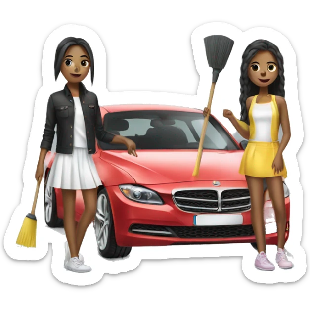 Two girls cleaning a expensive car with fashion clothes  sticker
