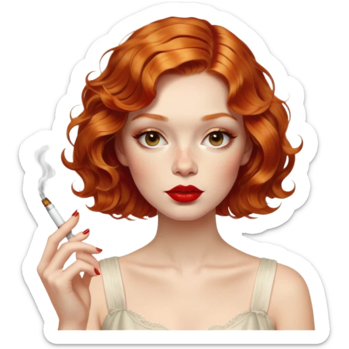 Alluring ginger 1870's French girl french shiny wavy textured bob haircut tousled hair red lips smoking cigarette sticker