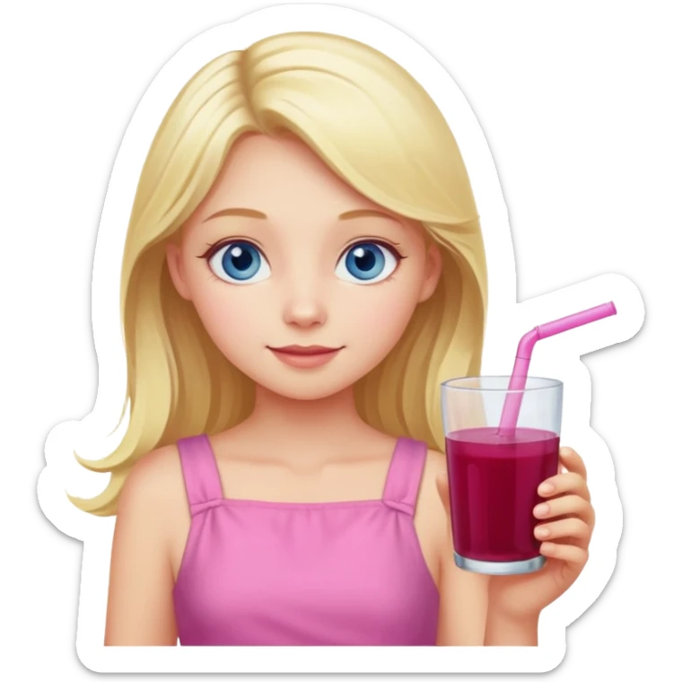 blonde girl with blue eyes in a pink dress sipping elderberry juice cheerful expression sticker