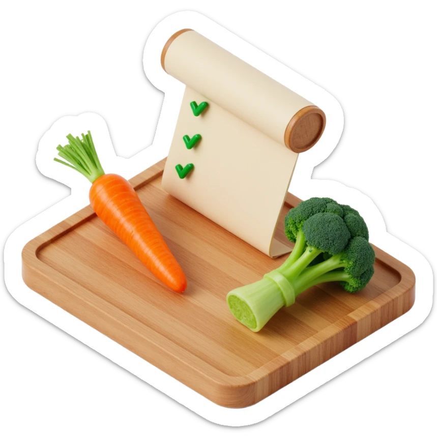 carrot tomato brocoli on the wooden cutting board with floating rolled paper list with green checkboxes sticker