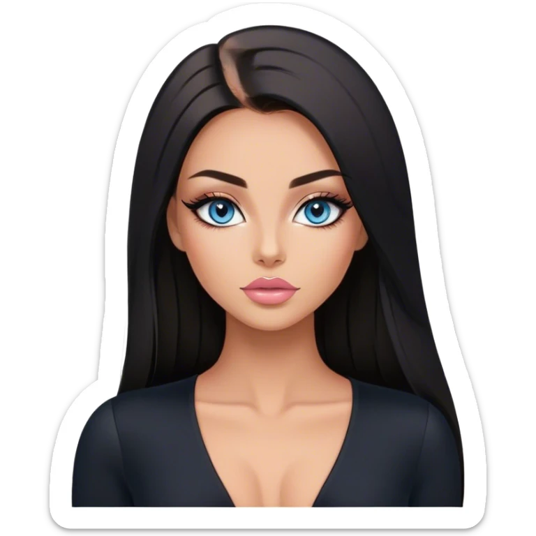 Glamours, tanned, beautiful, girl, with blue eyes, big pump peach-beige-rose lips, eyeliner, long lashes, black straight smooth silky long hair, straight parting hair,  in black v-neck bodysuit sticker