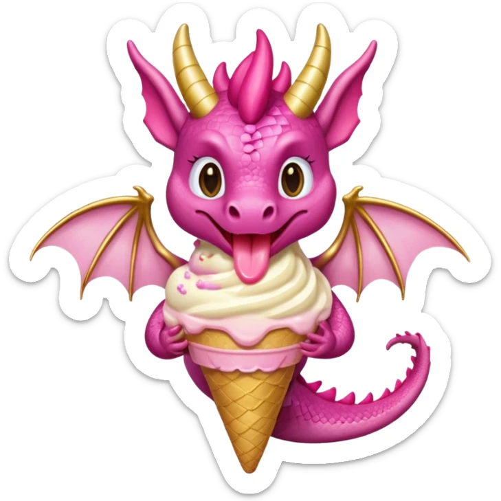 A dragon with its shiny glittered wings in pink tones and pink and gold legs, eats vanilla and chocolate ice cream sticker