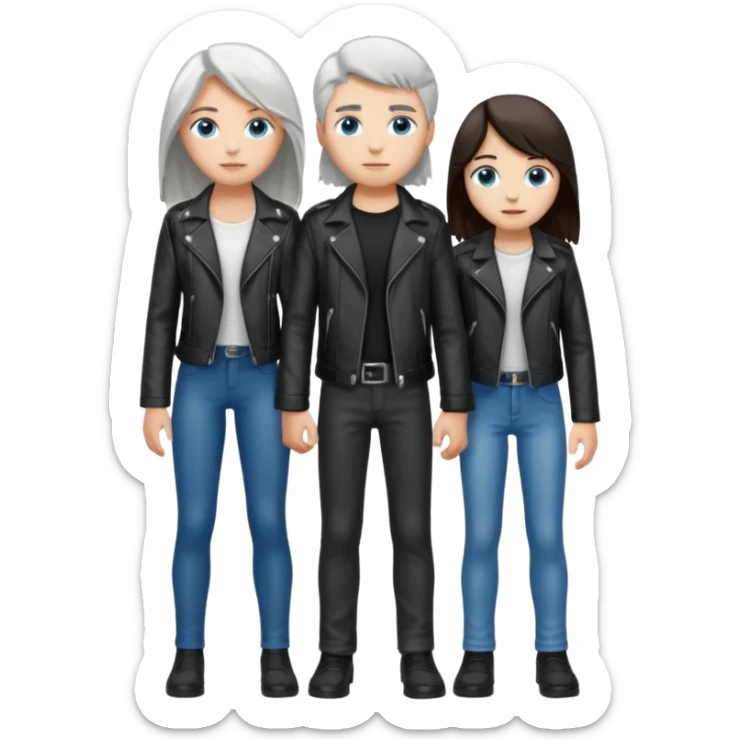 full-length couple, girl with long silver hair and blue eyes in black leather jacket, boy with dark brown hair in white shirt sticker