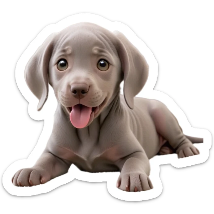 cinematic-cute-yawning-weimaraner puppy-portrait-emoji,-head-tilted-slightly-with-a-dramatic,-wide-open-yawn,-revealing-a-sleek grey fur-with-a-subtle-shimmer,-floppy-ears-slightly-drooping,-round-brown-eyes-barely-open-in-drowsy sticker
