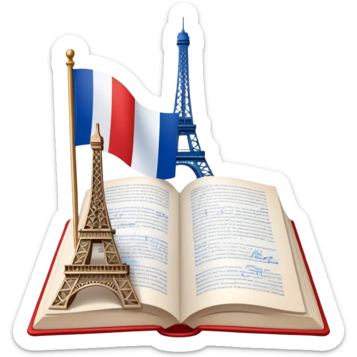 An icon featuring the flag of France, symbolizing the French language. The design includes an open book and the Eiffel Tower behind, representing language learning and cultural elegance. Transparent background highlights the beauty of French heritage. sticker