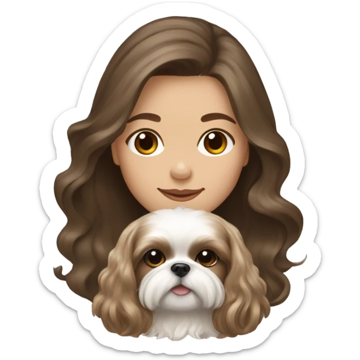 Young brunette hair woman with a cream shih tzu in her arms long wavy hair sticker