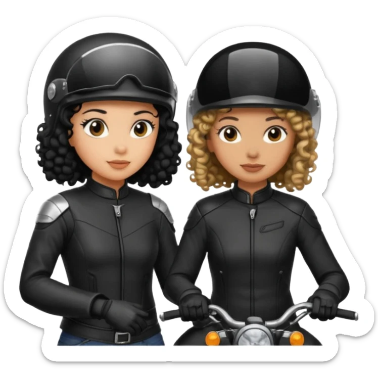 A motorcyclist and a shorter girl with curly black hair, facing each other. sticker