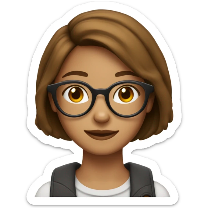 A 22 years old girl, with brown short bob hiar, and a cat  bolonde eyeglass frame  sticker