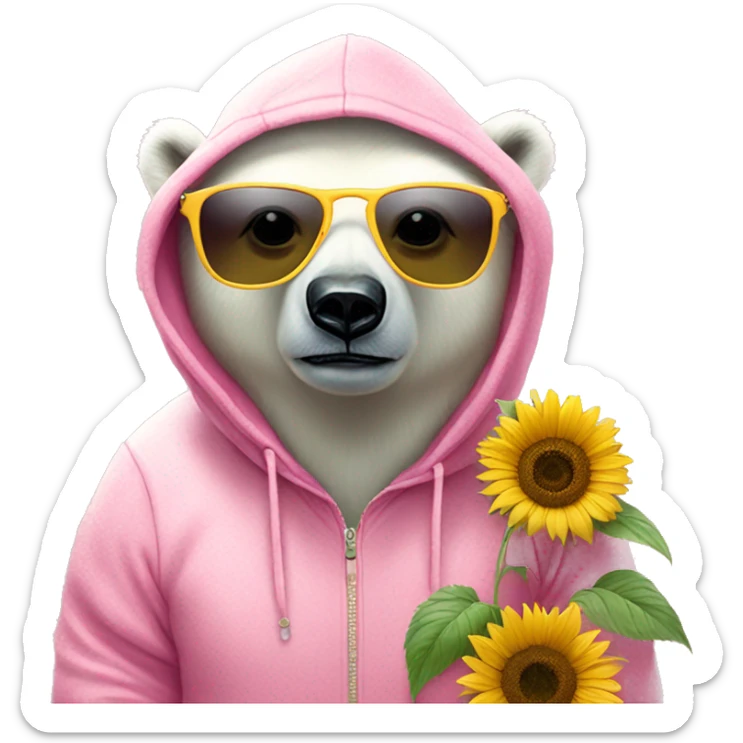Polar bear wearing pink polcadot hoodie and sunglasses and eating sunflower sticker