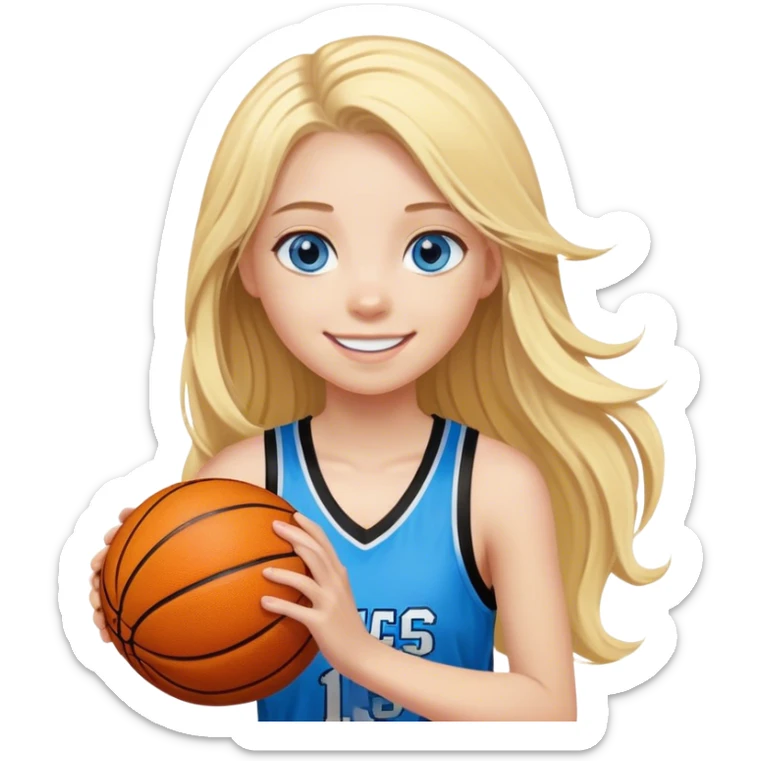 smiling girl with blue eyes and blonde long hair playing basketball with black and yellow jersey sticker