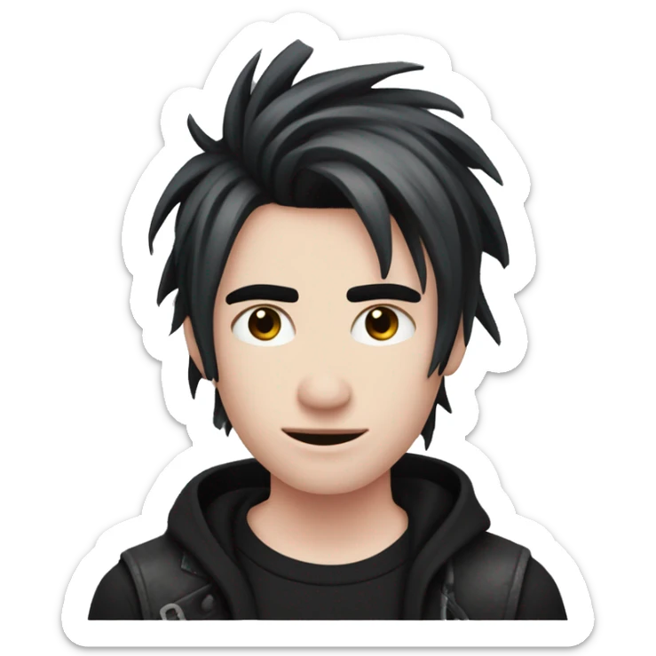Create an emoji of an emo guy with split-dyed hair—one side pastel pink and the other side black. The hair should have a slightly messy, choppy texture, and the character should have a subtle, sad expression, wearing dark clothing typical of emo fashion sticker