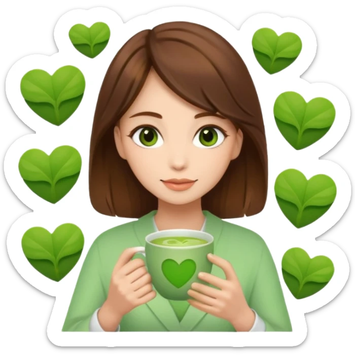 Brown hair Nurse with green heart surround her and she is grabbing a matcha sticker