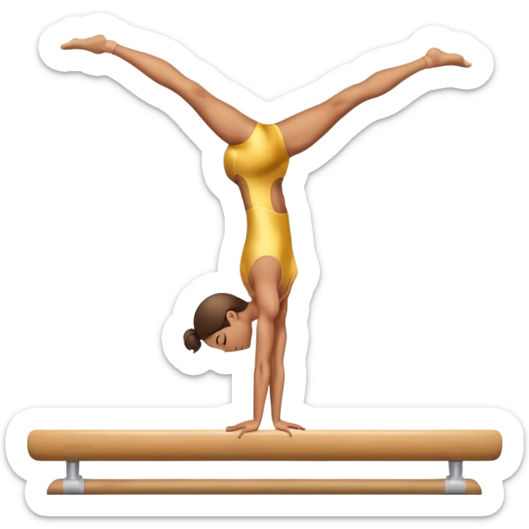 An artistic emoji of a professional sports acrobat performing a stunning balance pose on a narrow beam. The acrobat showcases perfect control, flexibility, and strength, executing an elegant handstand. The background features a bright gymnastics arena with spotlights. sticker