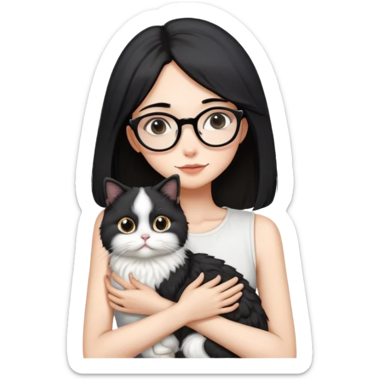 Skinny woman with oval glasses, shoulder length straight black hair, wearing white sleeveless top, hugging a Persian-Angora cat that's gray and white like Oreo cookies, plain background sticker