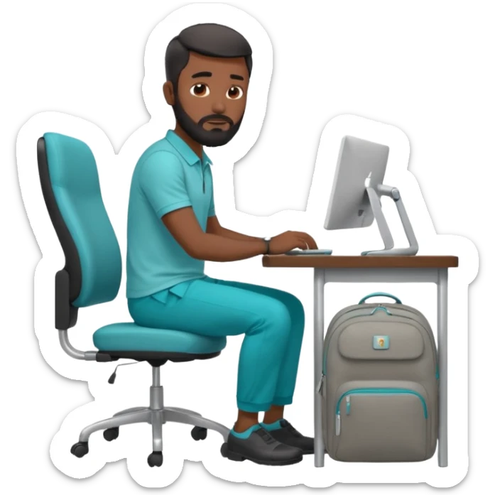 man with black short male hair and black hair and beard and hes in a office with his grey backpack on the floor and he has a tourquose polo shrit with gre dress pants and hes working at a hotel  hes on the co,ptuer  at his desk and he inly has one backpack its on the floo  WITH GREY PANTS sticker