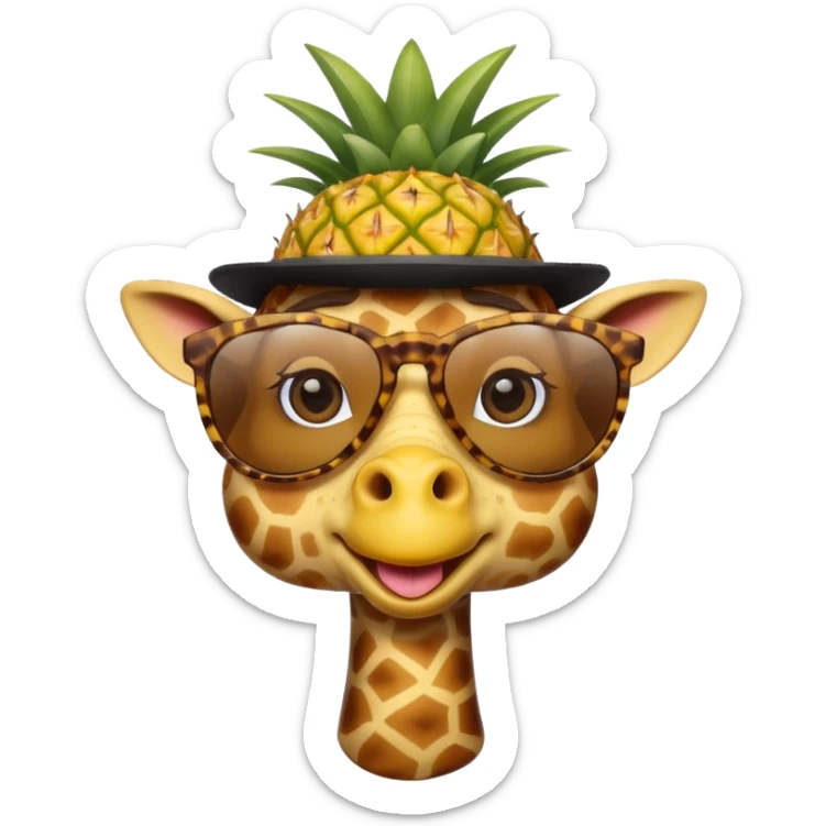 Hybrid of giraffe and chicken wearing pineapple sunglasses with a top hat sticker