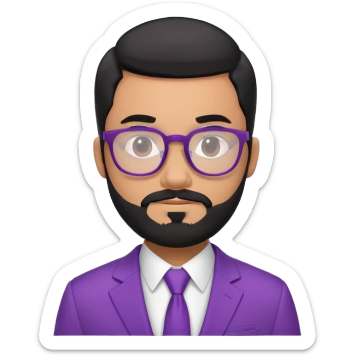 Create 9 emojis of a guy with black hair tapered beard and glasses wearing a purple suit  sticker