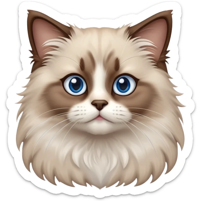 cinematic-fluffy-brown-ragdoll-cat-portrait-emoji,-head-tilted-cutely-with-big,-sparkling-blue-eyes,-soft-brown-and white-colored-fur-with-darker-points-on-the-ears,-face,-and-paws,-simplified-yet-irresistibly-adorable-features, sticker