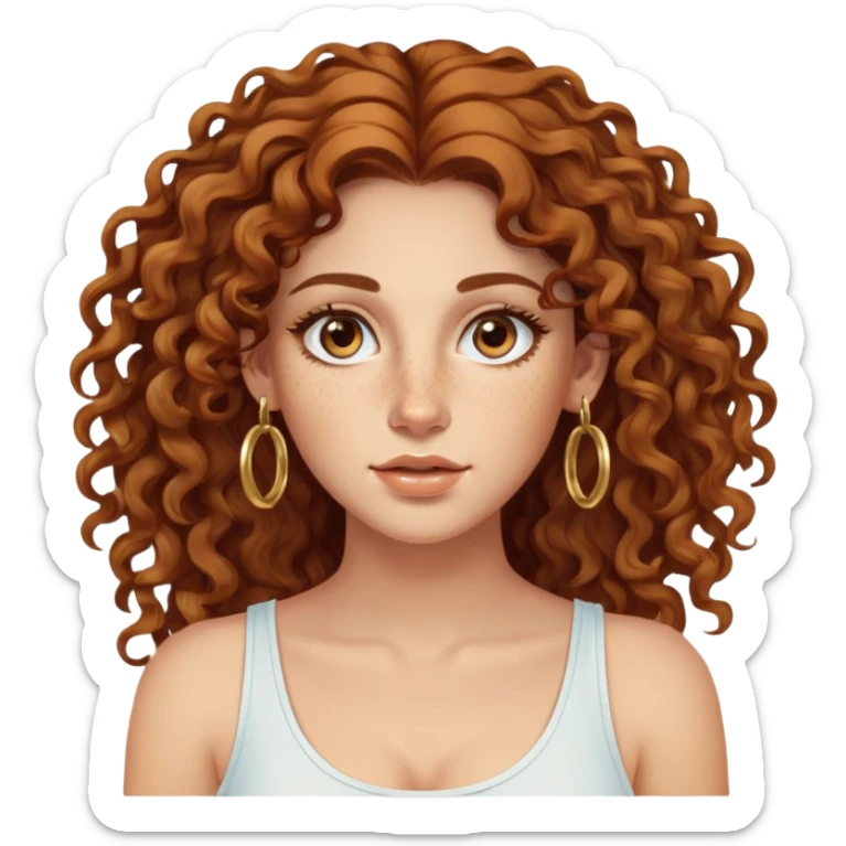 Attractive Greek woman with wide face, freckles, long curly amber-brown hair and gold hoop earrings sticker