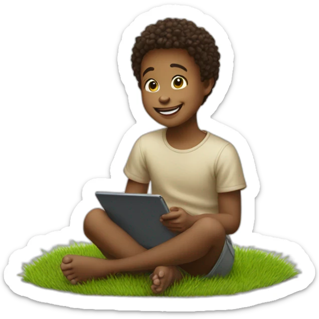 Portray the innocence of a child sitting on grass, captivated by a tablet, with a beaming happy face that radiates wonder and delighted. sticker