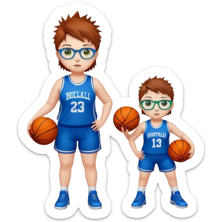 Full Body white chubby Girl with basketball spikey short brown hair  wearing blue glasses with green eyes sticker
