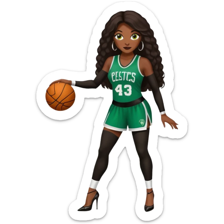 A 47-year-old dark black woman with brown eyes, long dark brown baylaige hair dressed in sexy 
celtics jersey costume outfit and stilettos  sticker