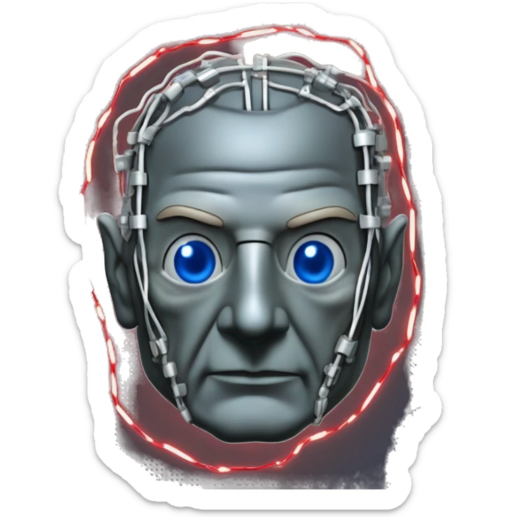 Jean luc picard from Star Trek assimilated by the Borg, with mechanical metal covering the left side of his face, with wires and a red light on the left side. His eyes are blue sticker