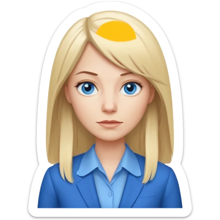 40 yr old white woman, pale skin, long straight blond hair parted in center, blue eyes, bangs, clothes for office sticker
