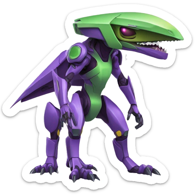 a purple-green Genesect-Raptor-Fakémon—hybrid with a futuristic visor-helmet full body sticker