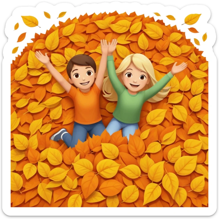 two children mid-air above a big pile of orange and yellow leaves, smiling faces sticker