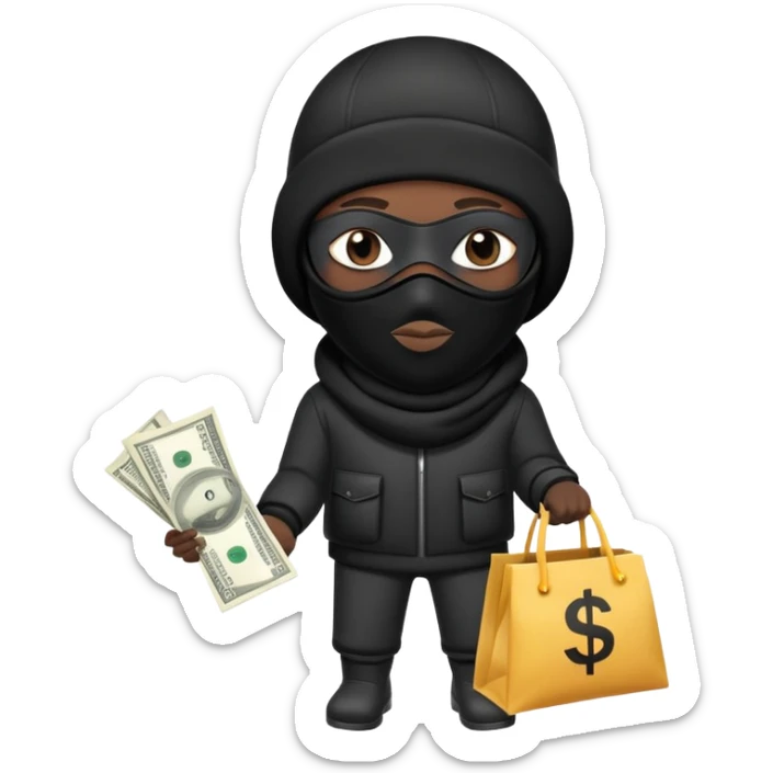 Black Ski mask holding bags of money with  skin color black sticker