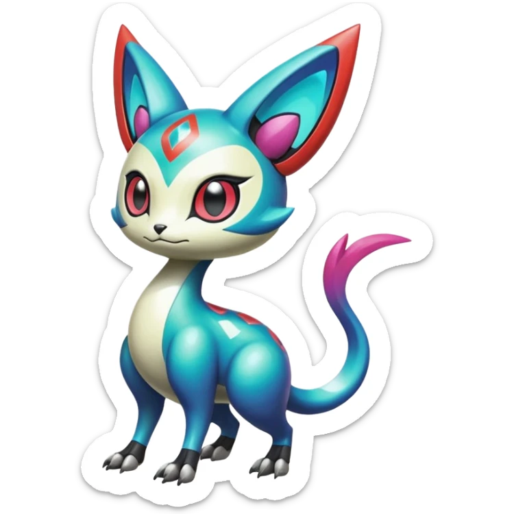 Shiny Colorful Futuristic Oriental Painted Asian Vernid-Trico-Meloetta-Latias-Koraidon-Peppercat-Protogen-Pokémon-Digimon-Fakémon-fusion-hybrid-creature sticker