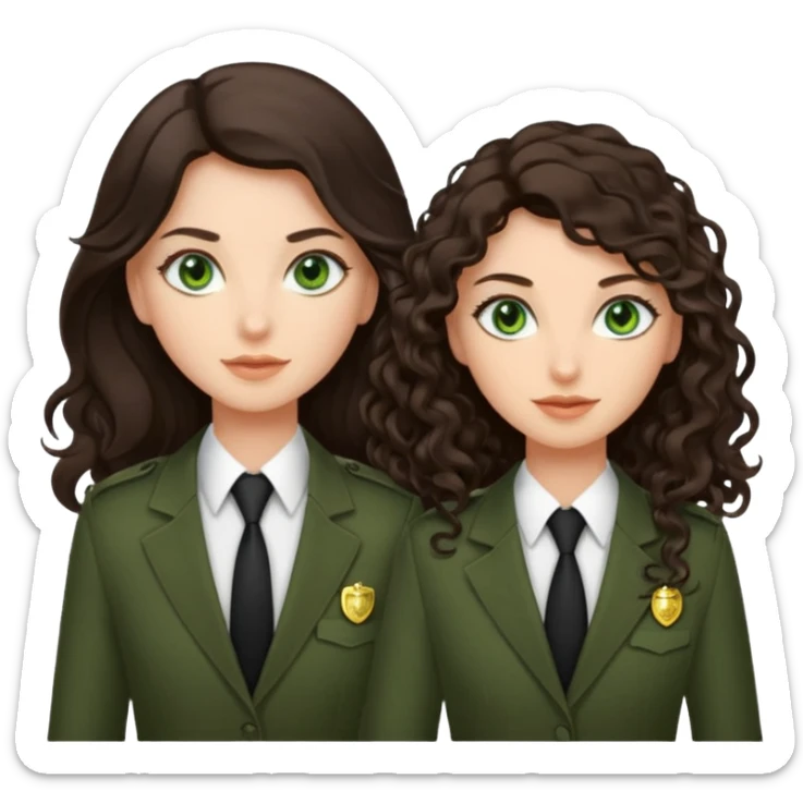 Two besties as agents, 1: long ironed straight darkbrown hair, green eyes, 2: long curly darkbrown hair, brown eyes  sticker