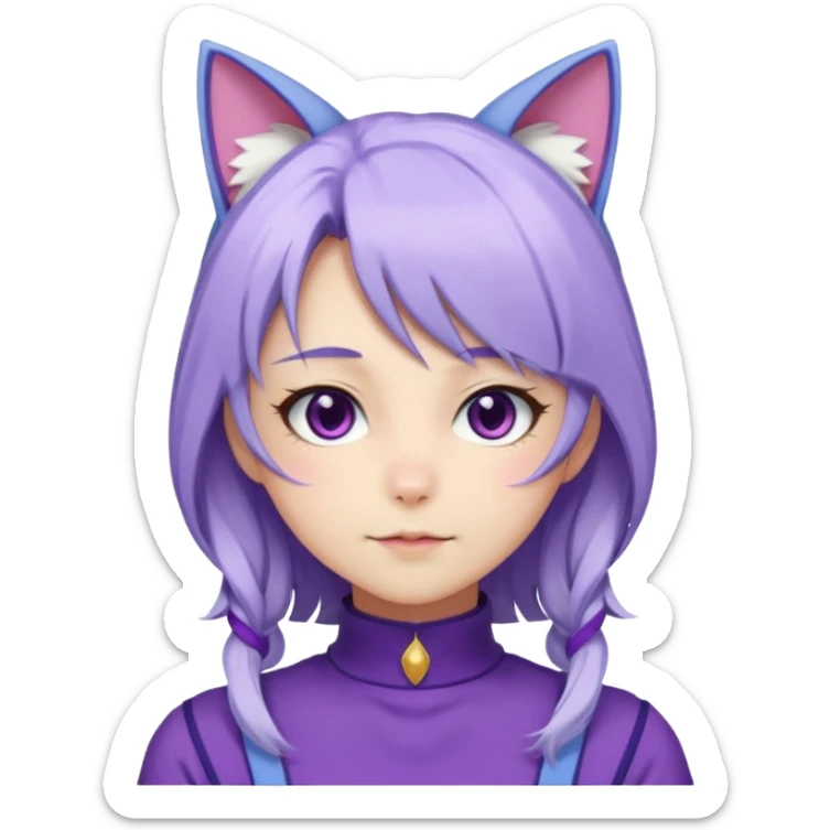 female anime character with long white and periwinkle hair and cat ears on her head. She is wearing a purple outfit with a high neckline and long sleeves.  sticker