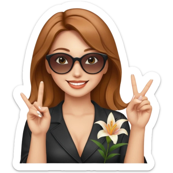 Professional sexy woman smiling holding lilies posing in shades  and flashing peace sign fingers sticker