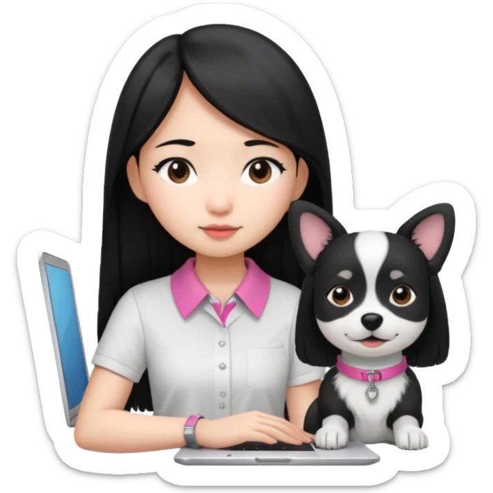 Blue back ground, Asian girl with long black hair , wearing a white shirt, working on an Apple laptop, next to her is a small black and white dog with pink collar on  sticker