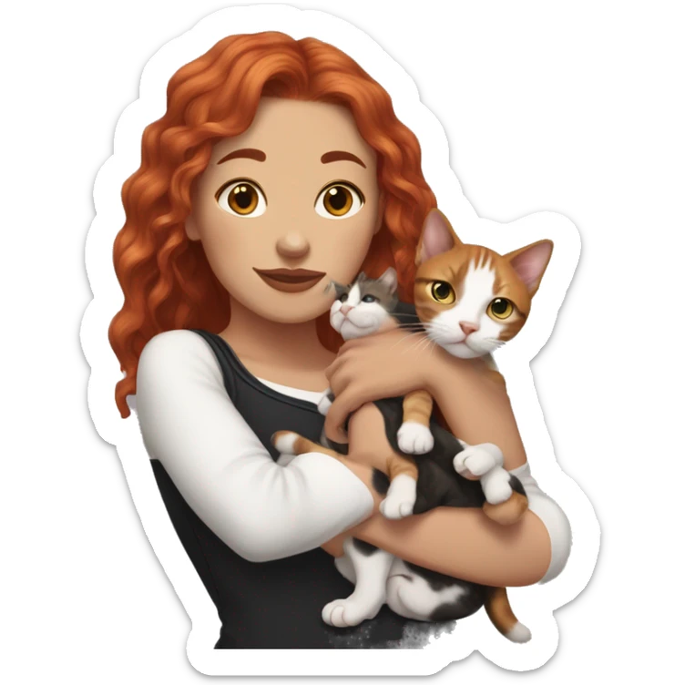 Long Red haired woman with septum piercing holding black and white English Staffordshire puppy and tabby kitten sticker