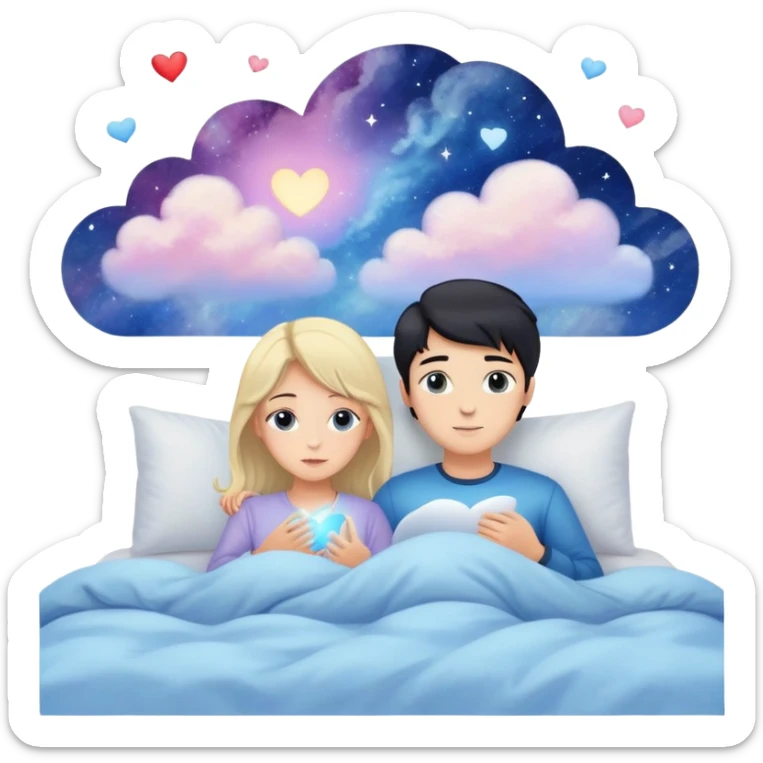 Sweet dreams a blonde man in a very  comfy bed with blue and Pastel clouds and an delicate  galaxy with a dark-haired girl sending a heart elegant  sticker