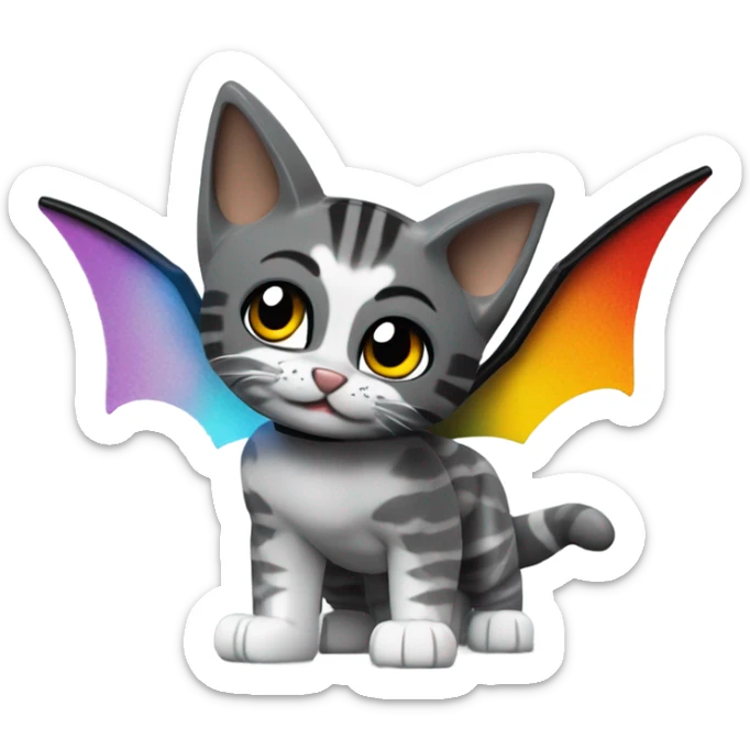 Lego Batman riding a Grey and black tabby kitten with white legs, and wings of fire  sticker